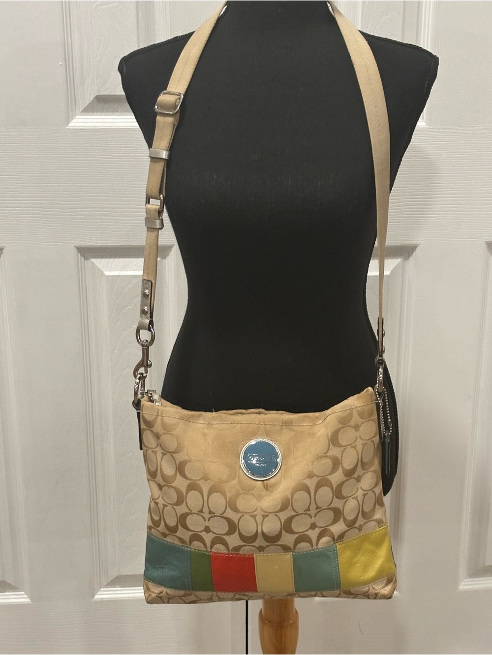 Coach Vintage Beige Signature Crossbody with Multicolor Patchwork Trim